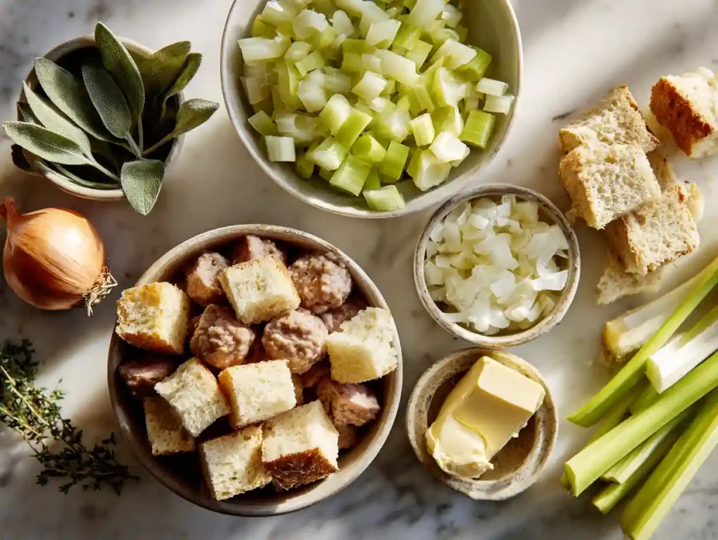 Ingredients for sausage and sage Thanksgiving stuffing on a counter