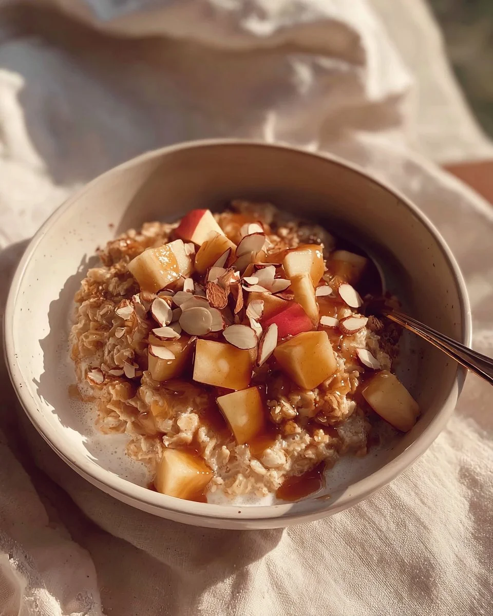Apple Cinnamon Oatmeal Bowl 3 Delicious apple cinnamon oatmeal bowl topped with fresh apples and cinnamon