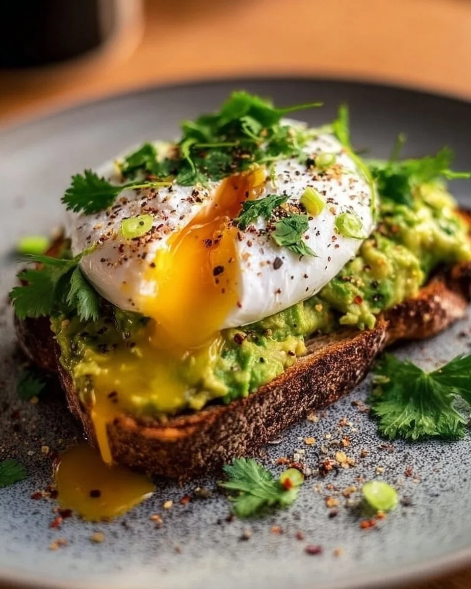 Avocado Toast with Poached Egg 2 Avocado toast topped with a perfectly poached egg, garnished with herbs.