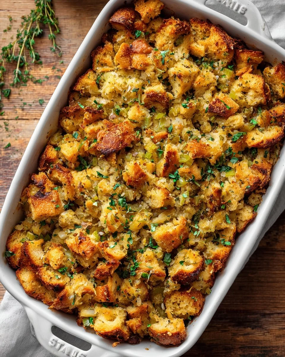 Buttery Herb Stuffing – Our Family’s Favorite Classic 5 Delicious buttery herb stuffing served in a bowl, garnished with fresh herbs.