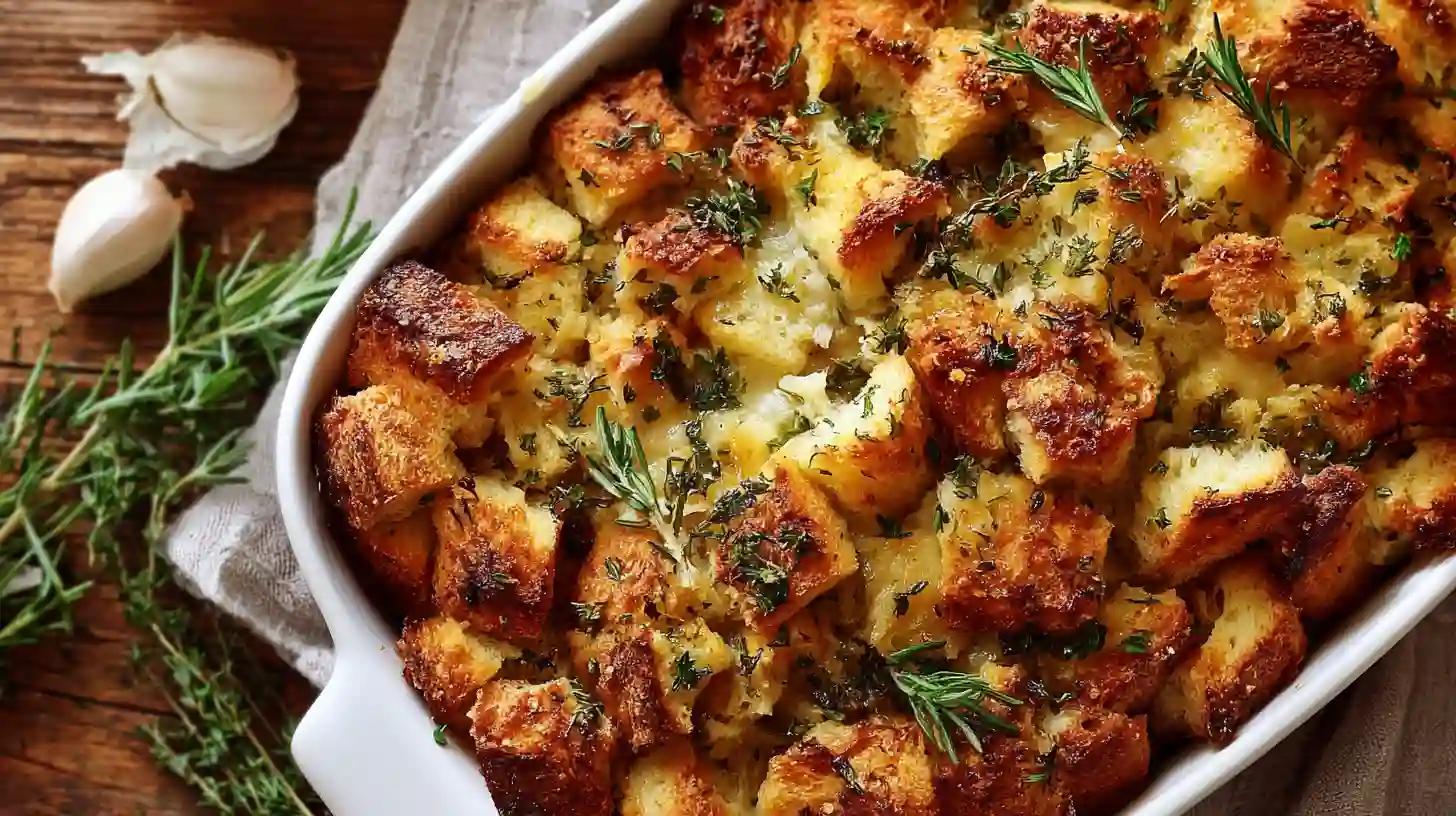 Buttery Herb Stuffing – Our Family’s Favorite Classic 1 Delicious buttery herb stuffing served in a bowl, garnished with fresh herbs.