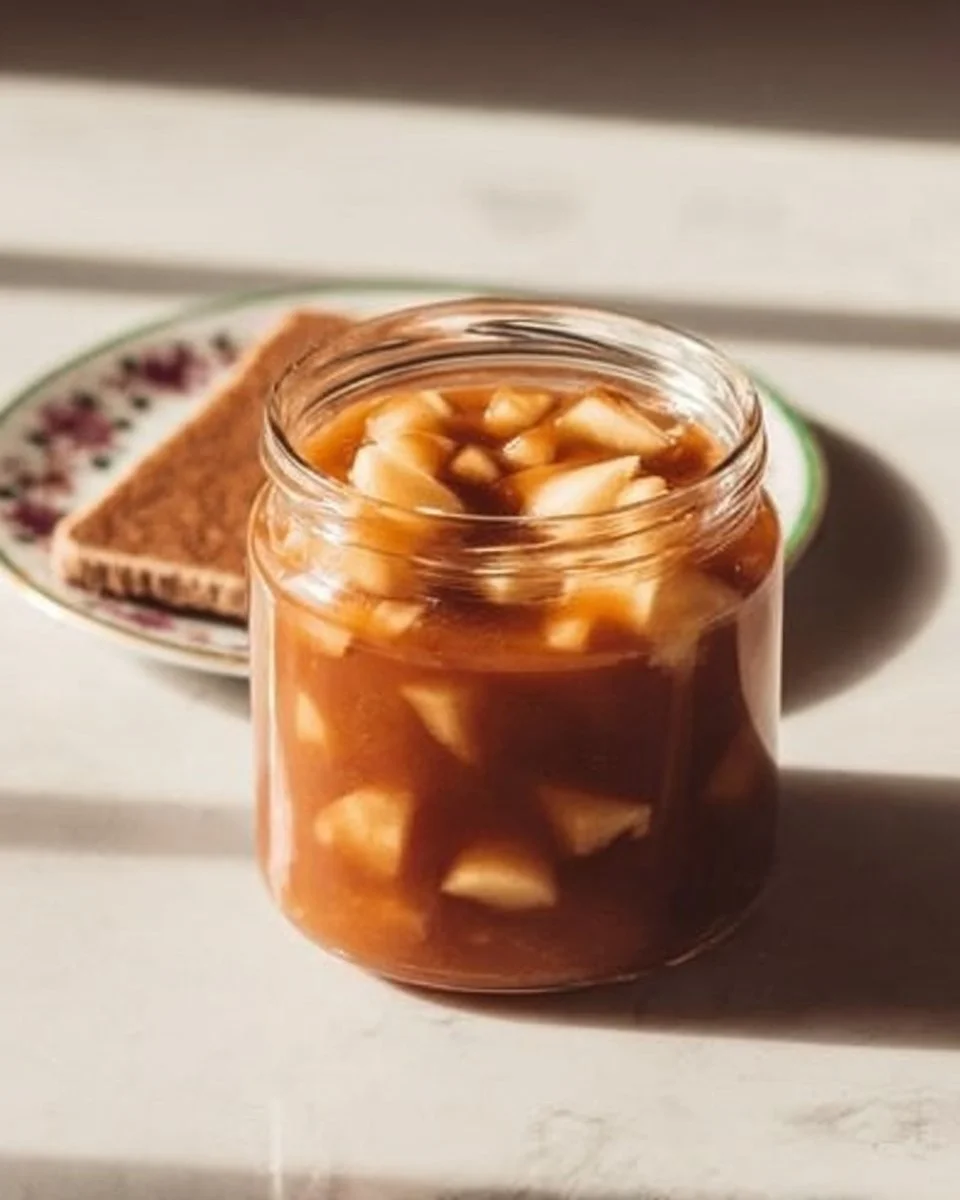 Caramel Apple Jam 2 Jar of homemade Caramel Apple Jam with fresh apples and caramel drizzle