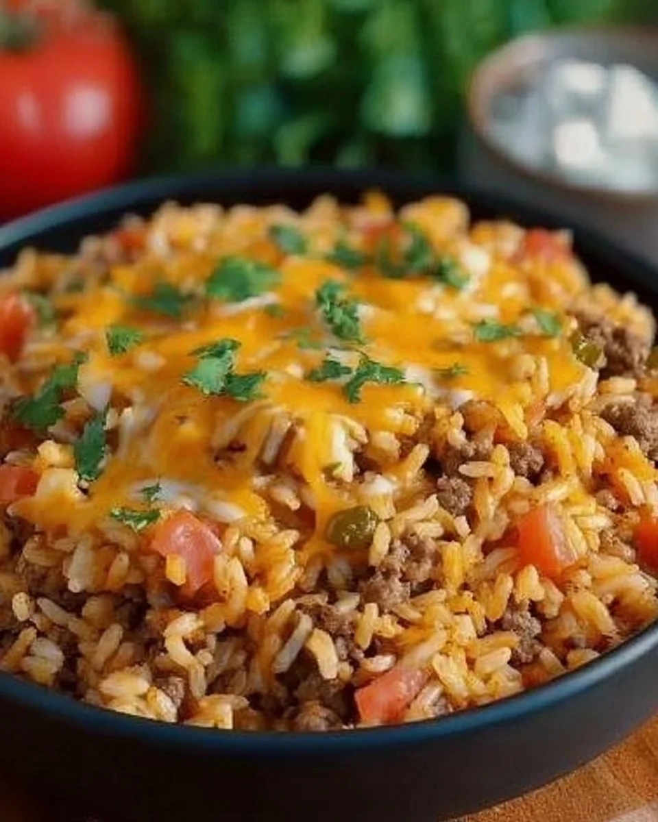 Cheesy Taco Rice Delight 2 Delicious Cheesy Taco Rice Delight served in a bowl with toppings