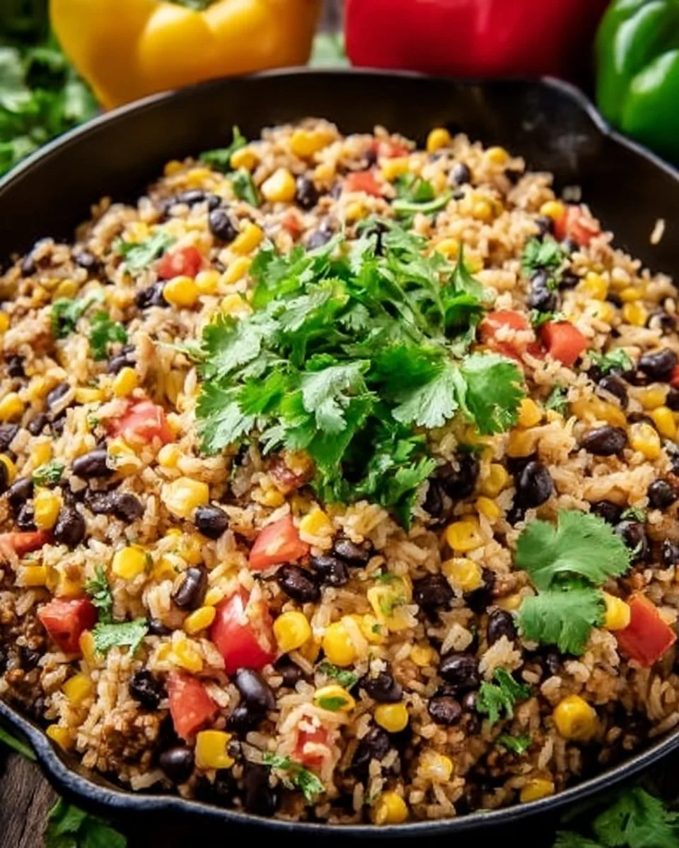 Cheesy Taco Rice Skillet 2 Cheesy taco rice skillet topped with cheese and fresh ingredients