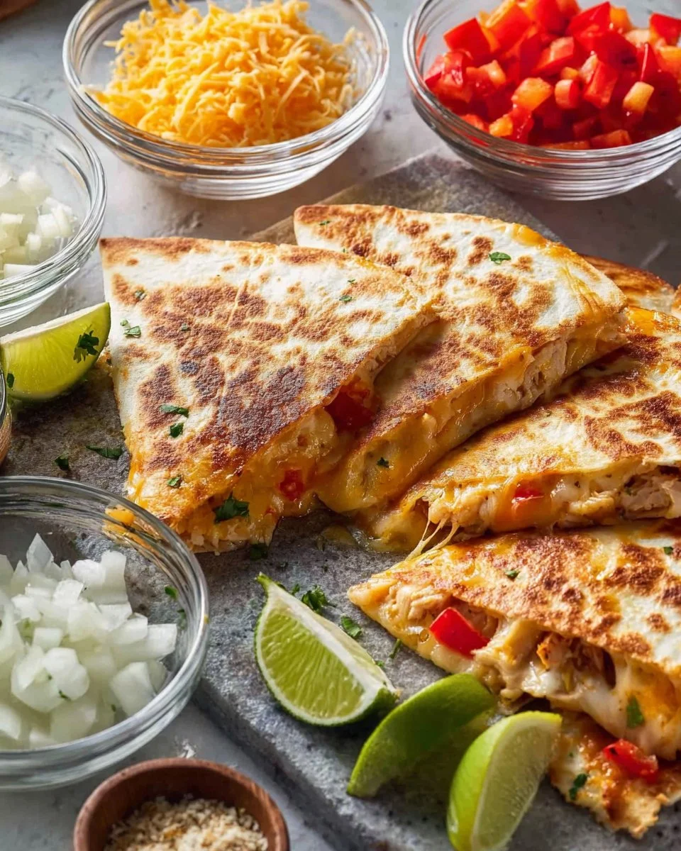 Chicken Quesadillas 2 Delicious Chicken Quesadillas with melted cheese and grilled chicken