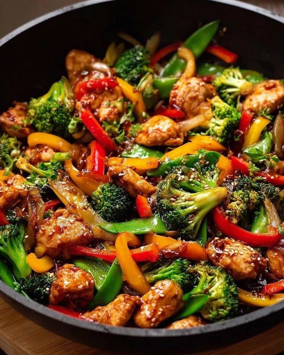 Colorful Chicken Stir Fry with vegetables in a skillet