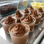 Delicious chocolate mousse dessert topped with whipped cream and chocolate shavings.