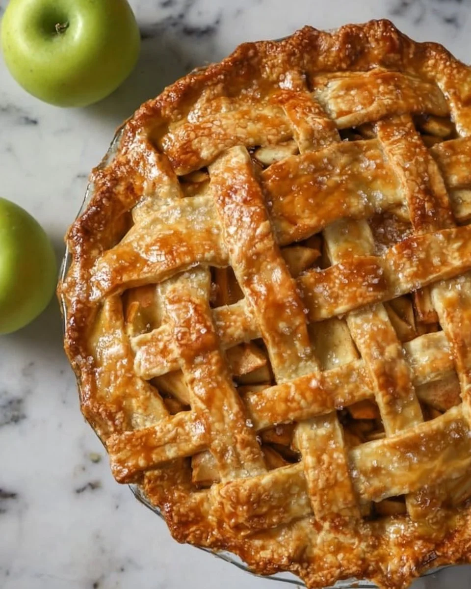 Classic Apple Pie Recipe 2 Freshly baked classic apple pie with golden crust and sliced apples
