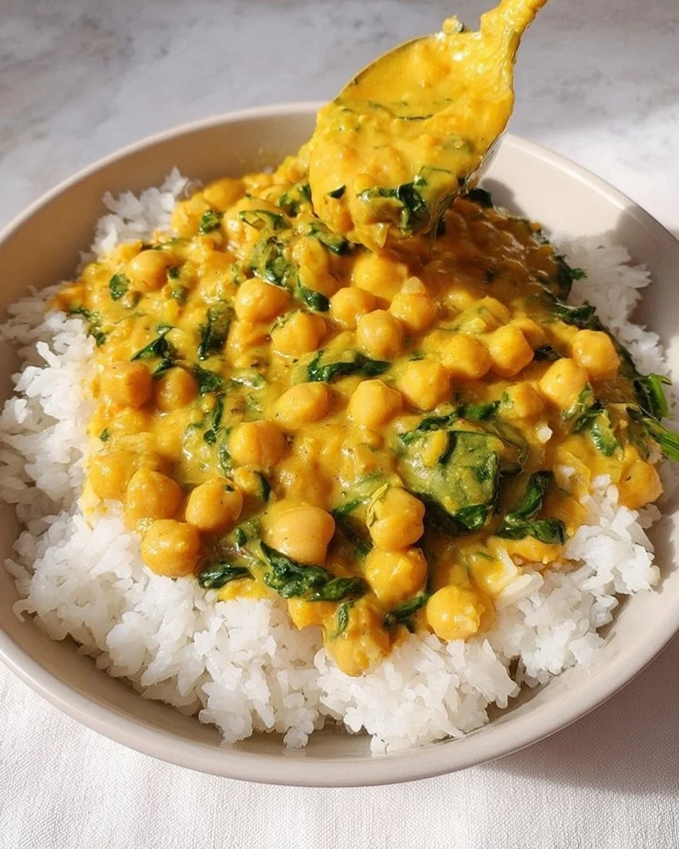 Creamiest Coconut Chickpeas with Rice 2 Creamiest Coconut Chickpeas served over rice in a bowl
