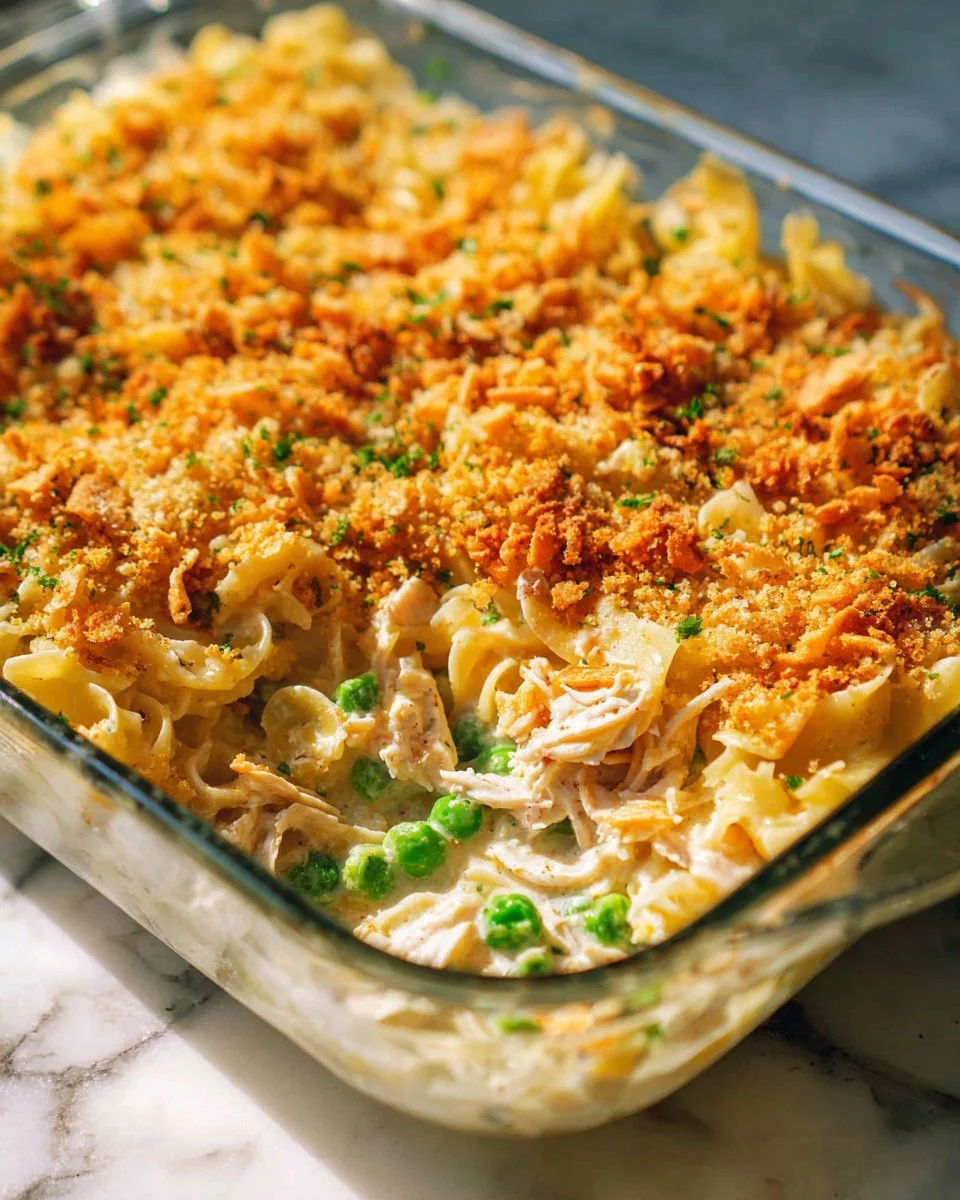 Creamy Tuna Noodle Casserole 2 Creamy tuna noodle casserole topped with breadcrumbs and baked to perfection.