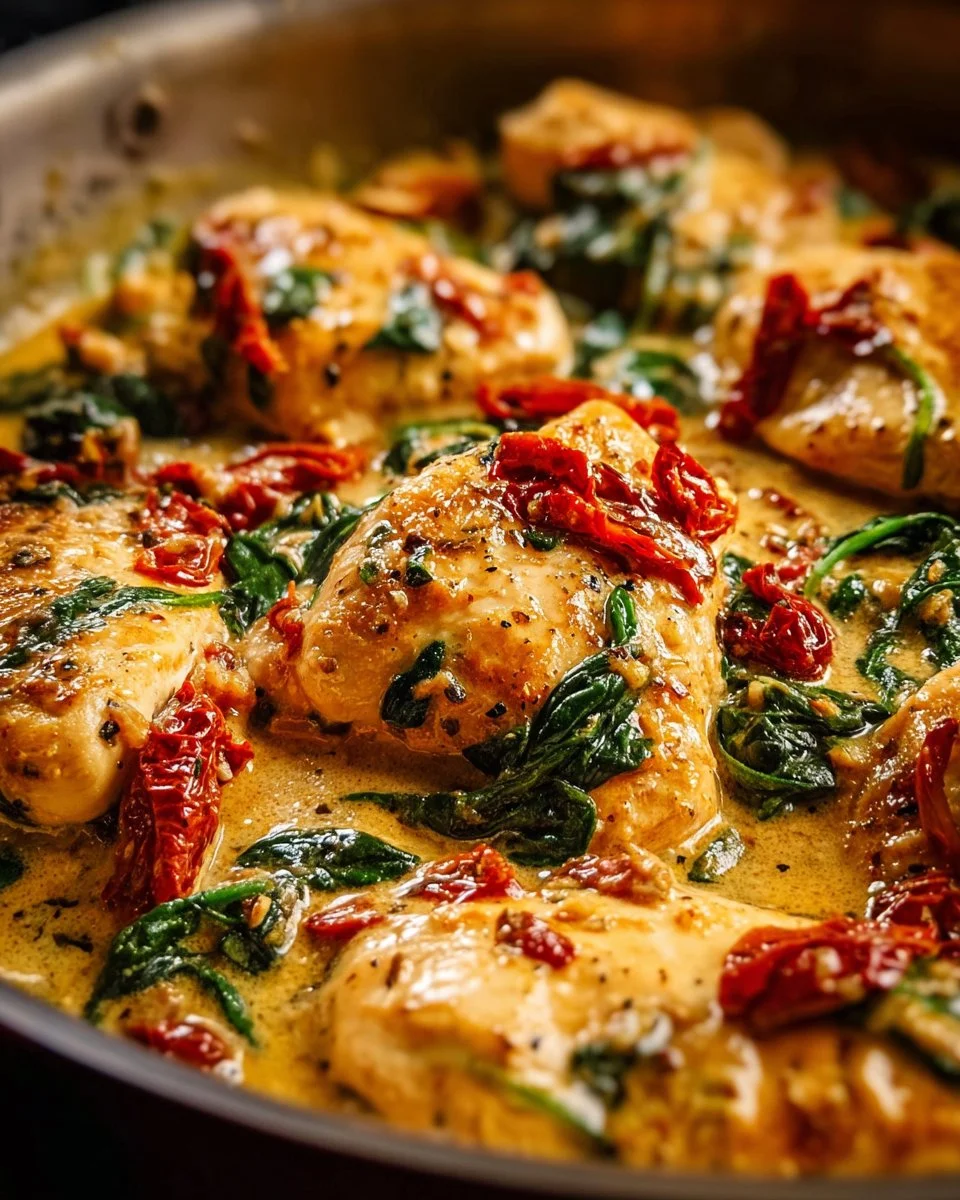 Creamy Tuscan Garlic Chicken Skillet 2 Creamy Tuscan garlic chicken skillet served with fresh herbs and a delicious sauce