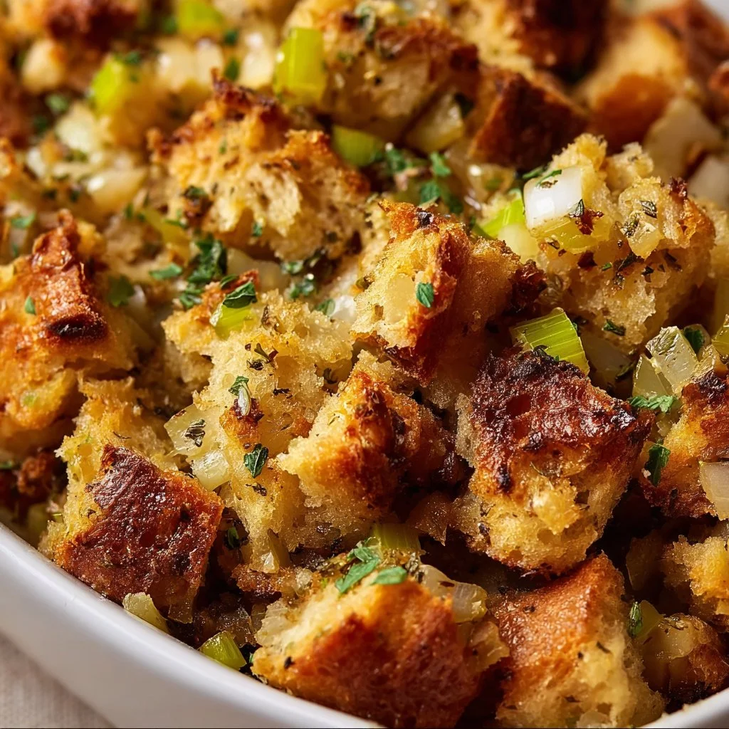 Delicious Grandma's Thanksgiving Stuffing Recipe 2 Grandma's delicious Thanksgiving stuffing Recipe with savory ingredients.