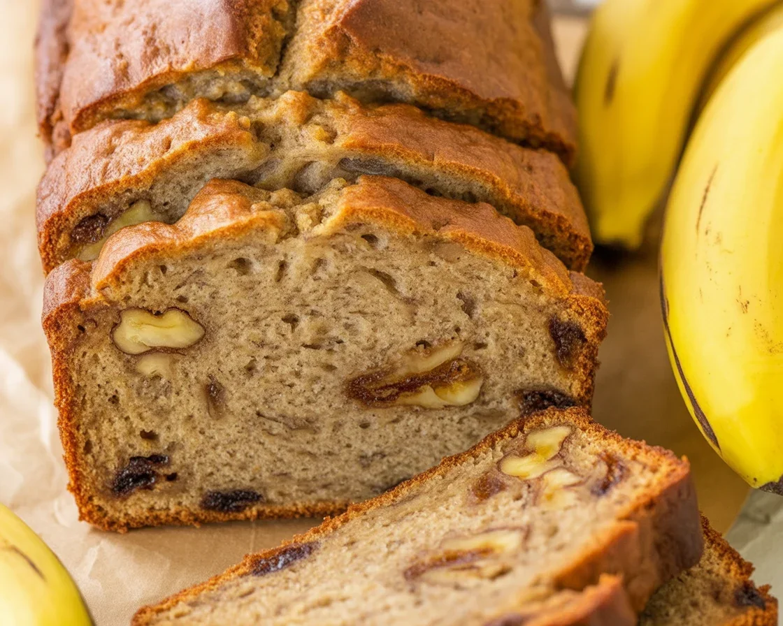 Deliciously Moist Banana Bread Walnuts Recipe You'll Love! 6 Moist Banana Bread with Walnuts and Chocolate Chips on a wooden table.