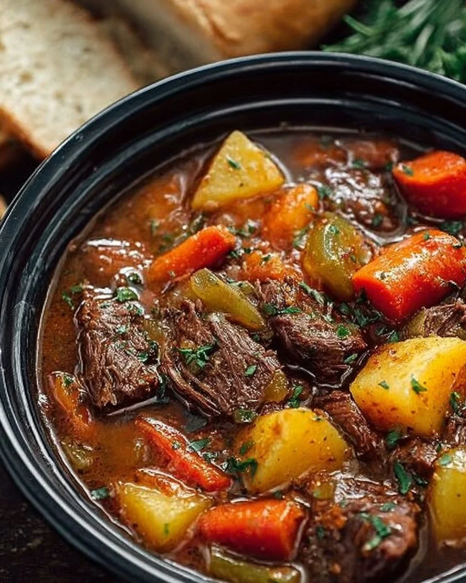 Easy Crock Pot Beef Stew 2 Bowl of hearty Easy Crock Pot Beef Stew with vegetables and herbs