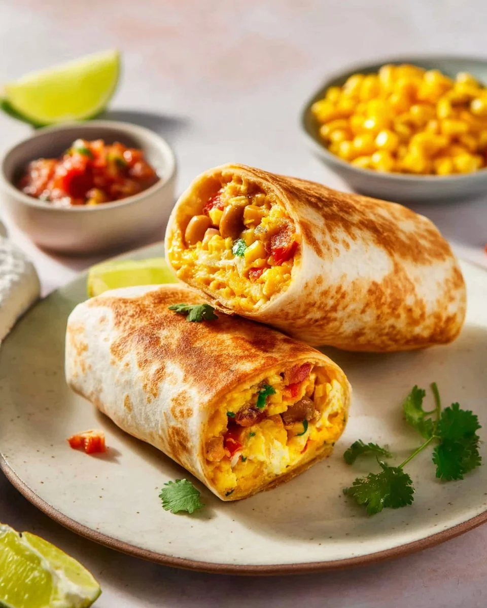 Freezer Breakfast Burritos 2 Freezer breakfast burritos ready for easy meal prep and quick cooking.