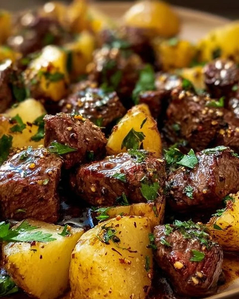 Garlic Butter Steak Bites and Potatoes 2 Garlic Butter Steak Bites served with roasted potatoes