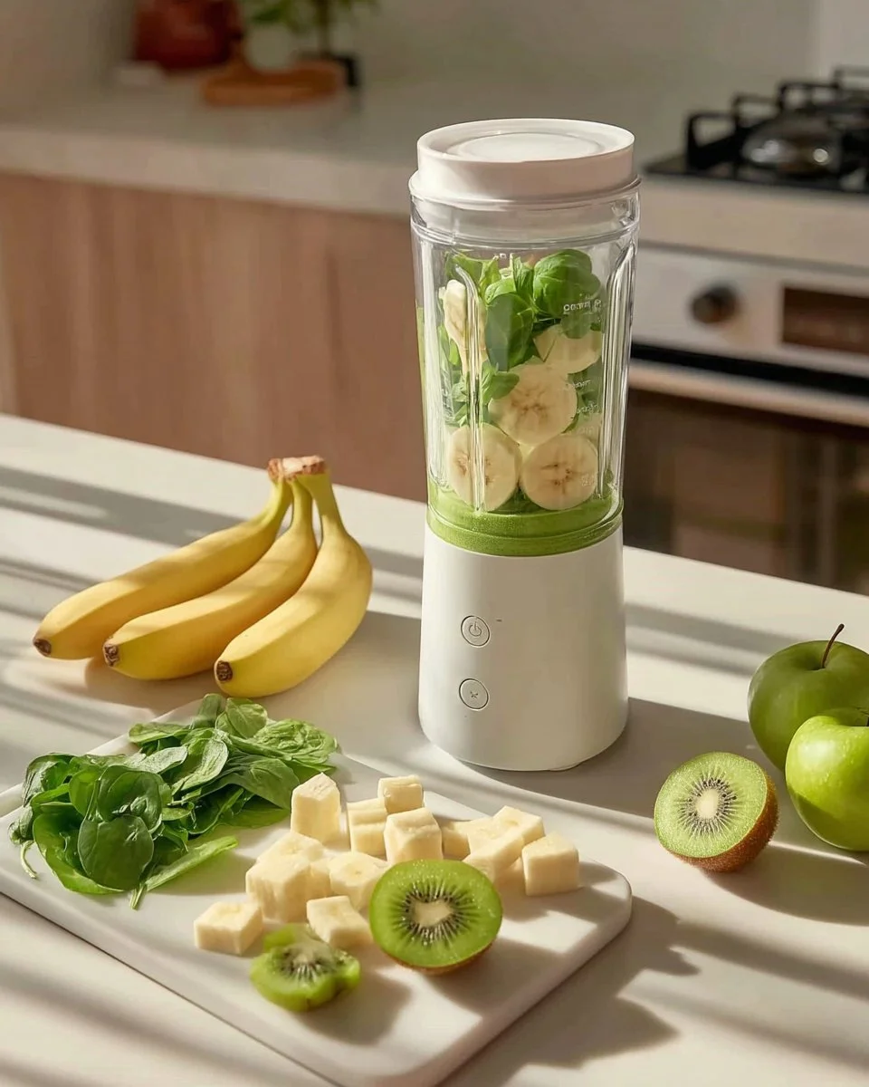 A vibrant green smoothie made with fresh fruits and vegetables for a healthy drink.