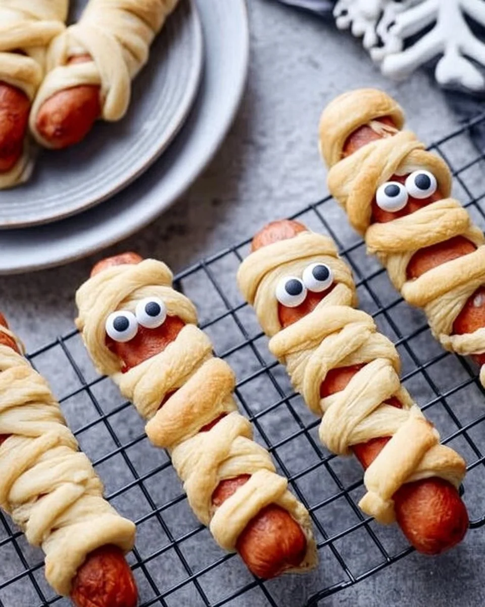 Halloween Mummy Hot Dogs 2 Halloween Mummy Hot Dogs wrapped in pastry, perfect for a spooky treat.