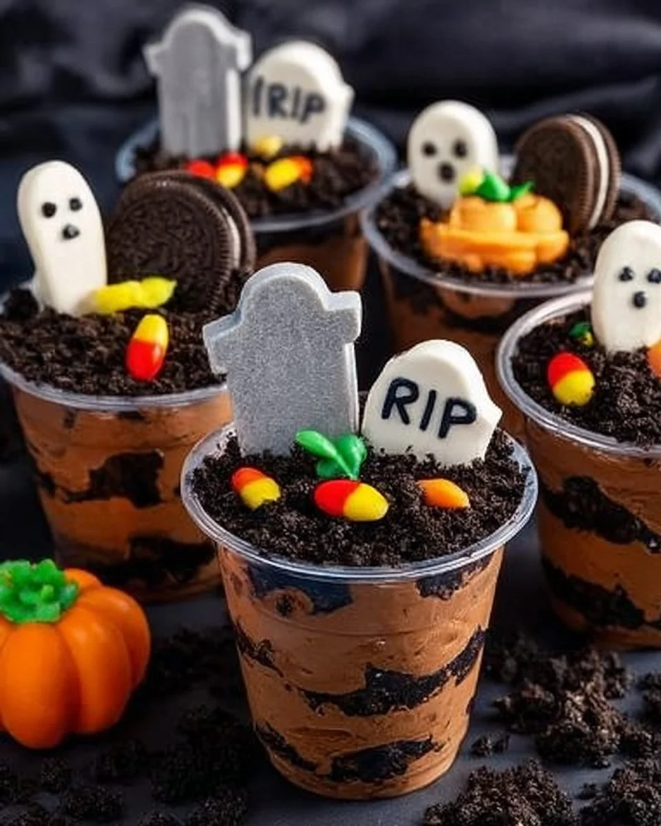 Halloween Pudding Cups 2 Colorful Halloween pudding cups decorated with spooky toppings