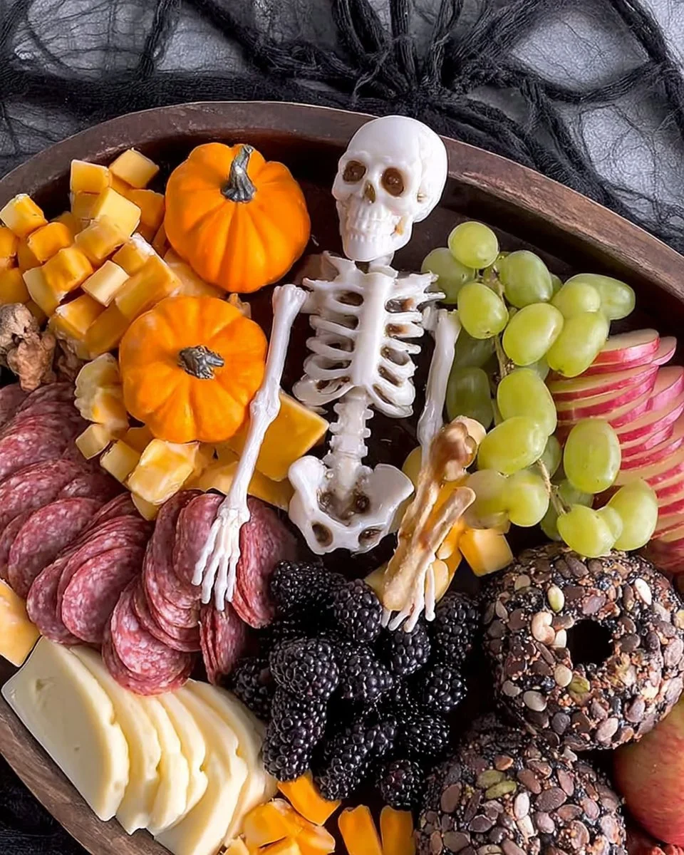 Halloween-Themed Charcuterie Board 2 Spooky Halloween-themed charcuterie board with festive food and decorations