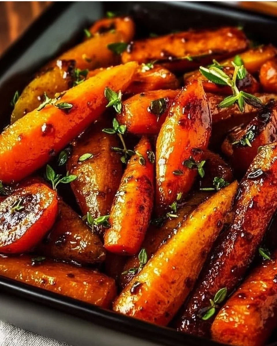 Honey Balsamic Roasted Carrots 2 Honey balsamic roasted carrots on a plate, drizzled with balsamic glaze.