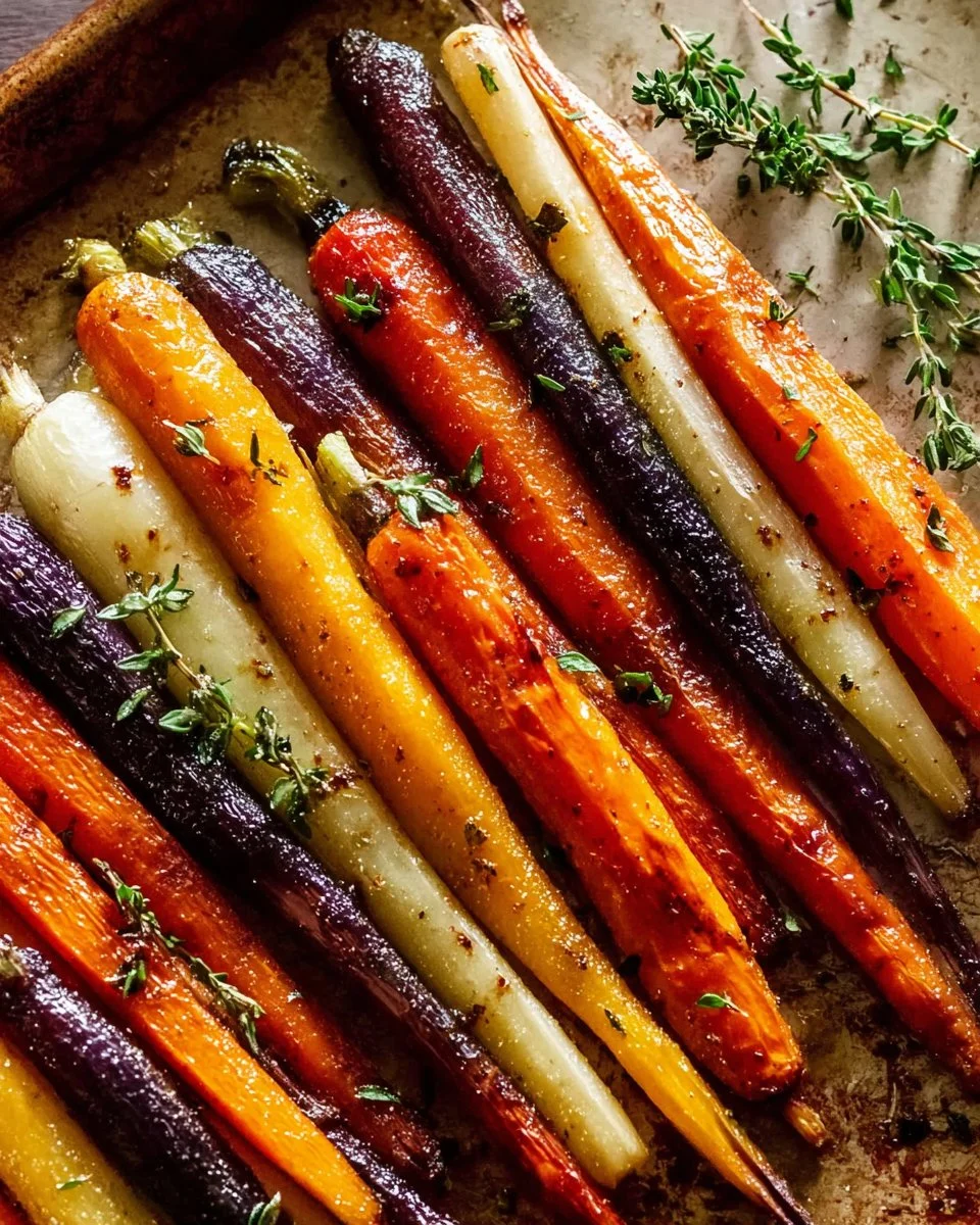 Honey Roasted Colorful Carrots 2 Plate of honey roasted colorful carrots garnished with fresh herbs