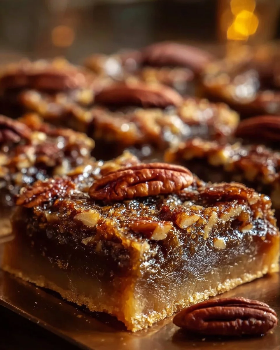 Lazy Girl Pecan Pie Bars 2 Delicious Lazy Girl Pecan Pie Bars on a wooden table