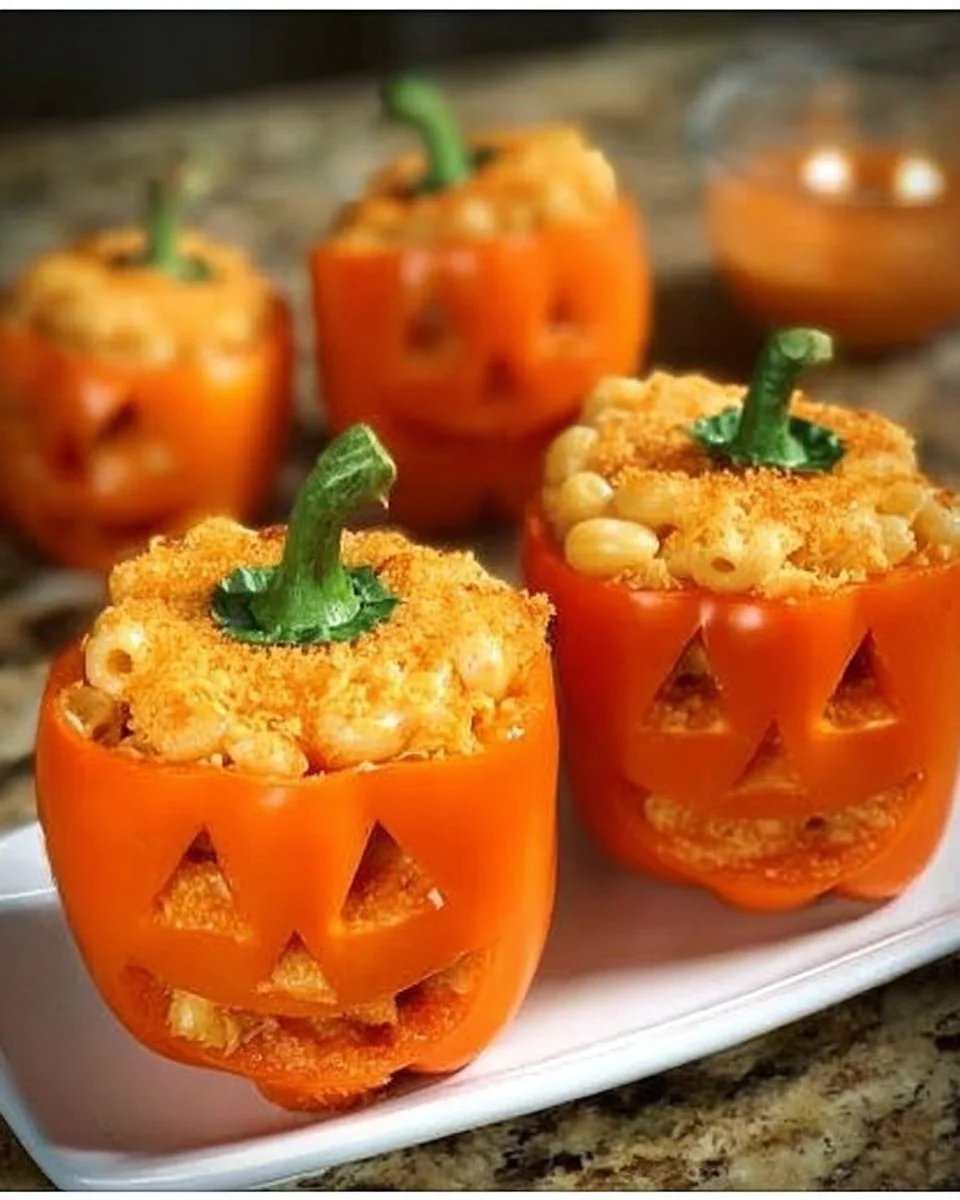 Macaroni and Cheese Stuffed Peppers 2 Macaroni and Cheese Stuffed Peppers served on a plate