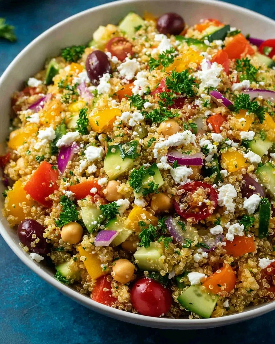 Mediterranean Quinoa Salad 3 Colorful Mediterranean Quinoa Salad with vegetables and herbs in a bowl