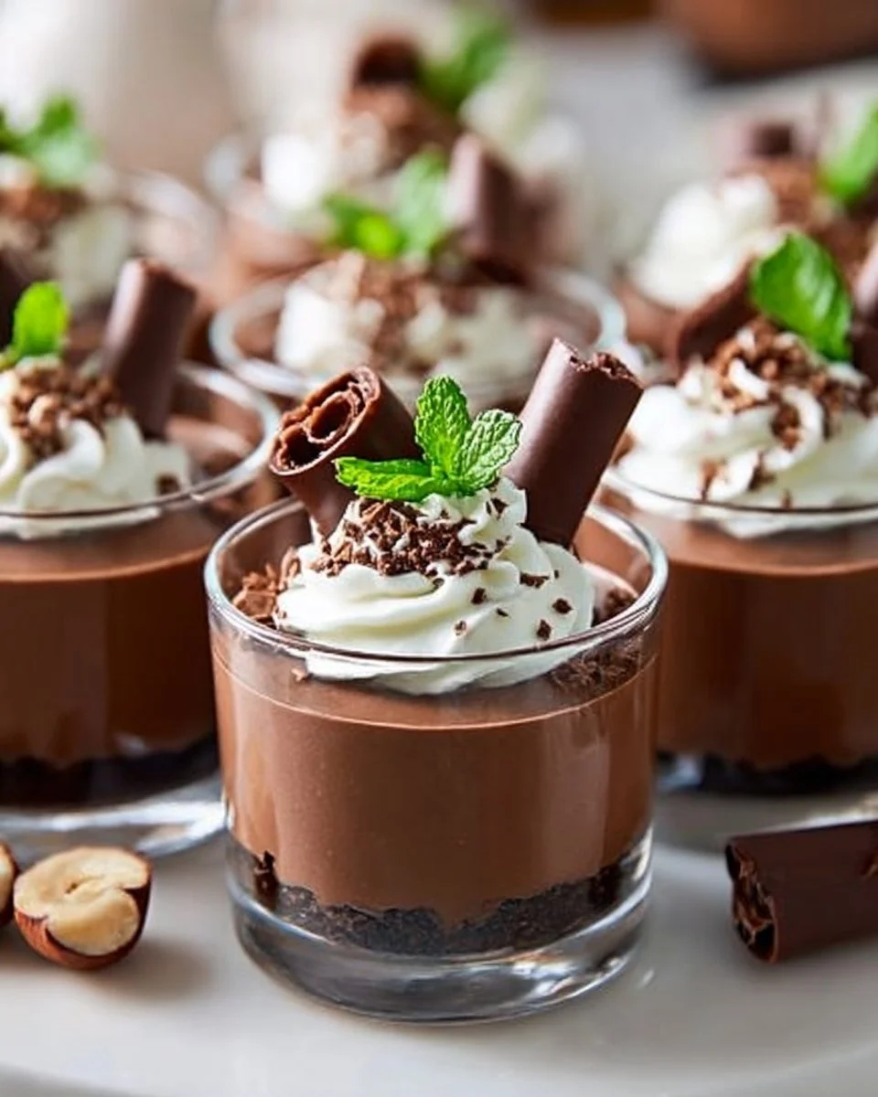 Mini Chocolate Mousse Cups 3 Delicious mini chocolate mousse cups served in elegant dishes.
