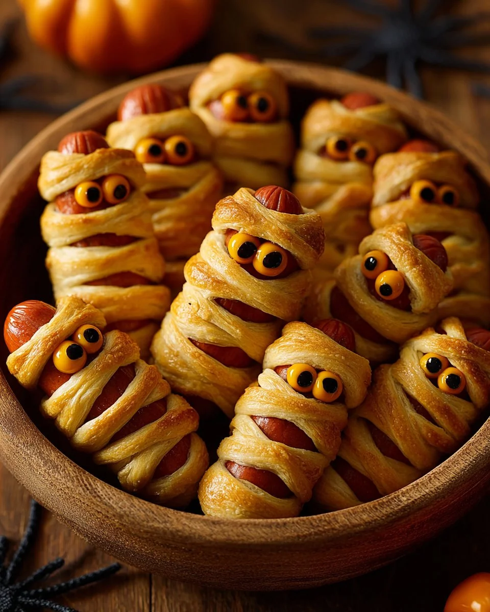Mummy Hot Dogs 2 Spooky Mummy Hot Dogs wrapped in pastry for Halloween