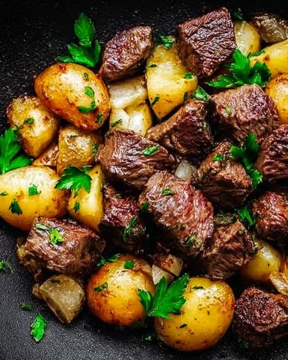 One-Pan Steak Bites and Potatoes 2 Delicious one-pan steak bites with golden potatoes served in a skillet