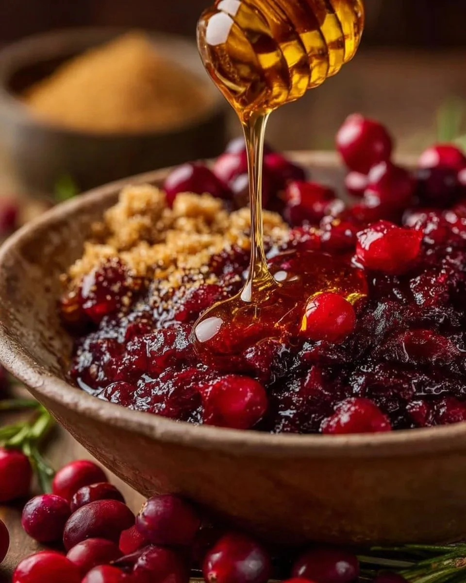 Homemade Cranberry Sauce with Bourbon (Sweet, Tangy & Unforgettable) 2 Homemade Cranberry Sauce with Bourbon and Honey drizzle in a rustic bowl