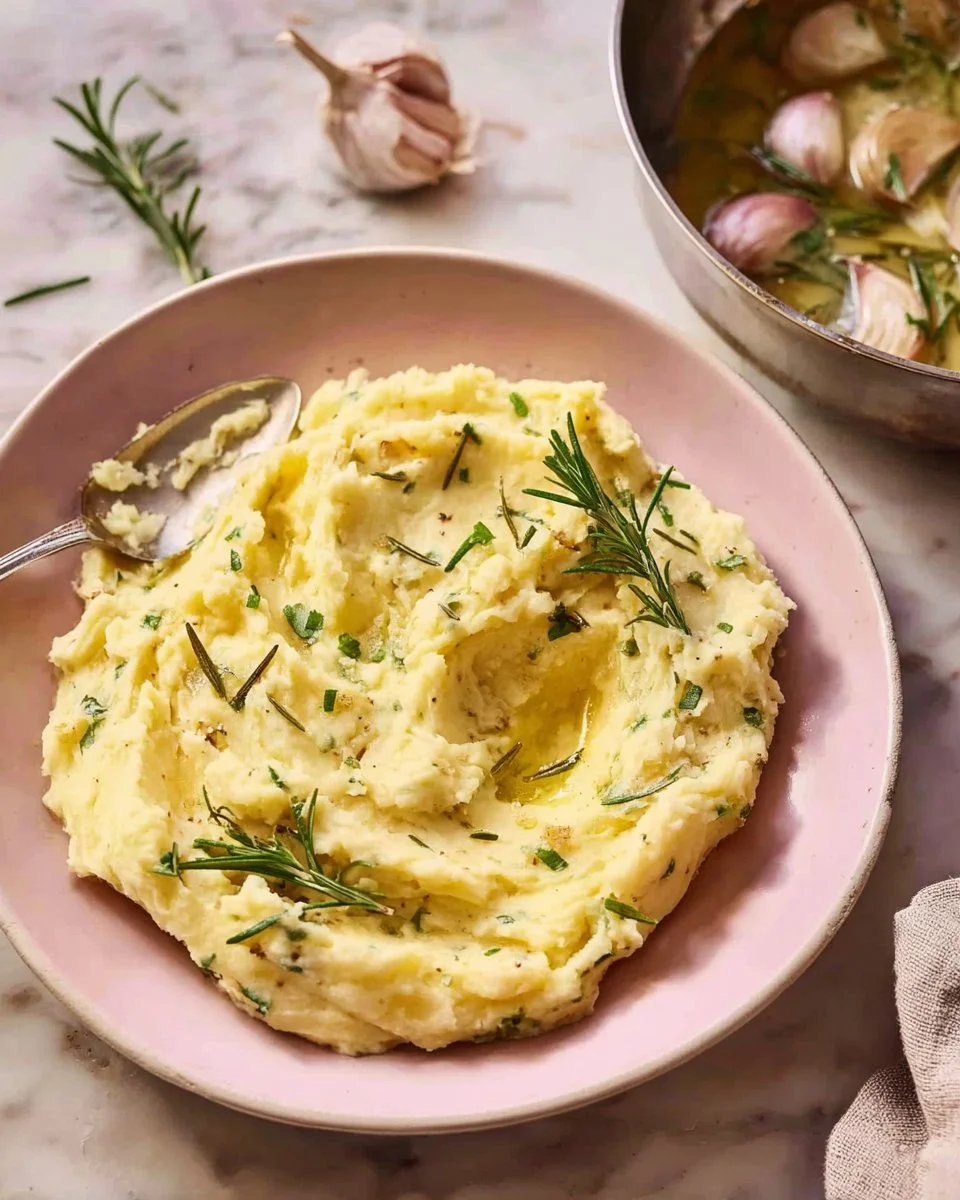 Rosemary Garlic Mashed Potatoes 2 Creamy rosemary garlic mashed potatoes served in a bowl