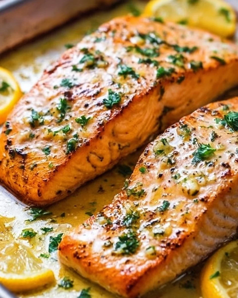 Sheet Pan Lemon Garlic Butter Salmon 2 Delicious sheet pan lemon garlic butter salmon with fresh herbs and veggies.