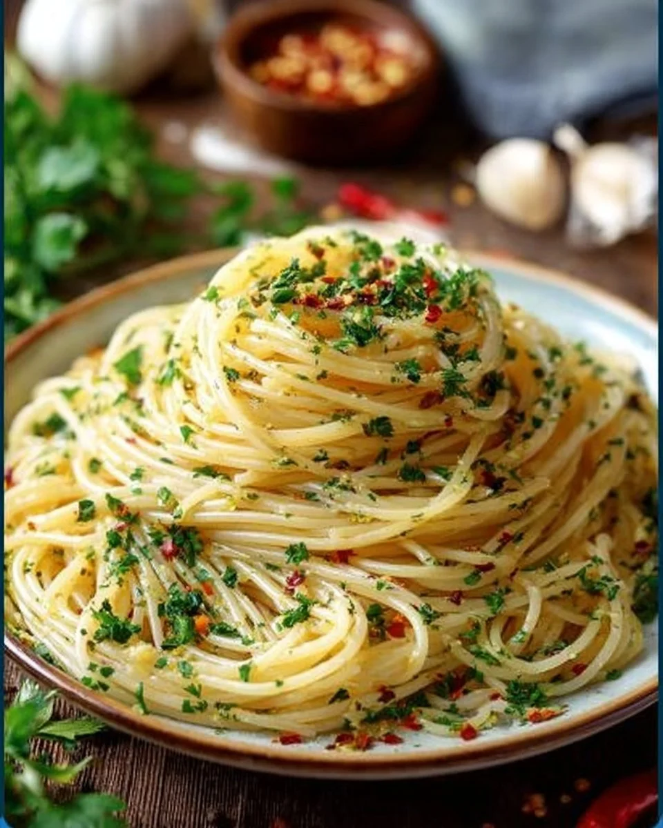 Spaghetti with Garlic and Oil 2 Bowl of spaghetti with garlic and oil, garnished with parsley and chili flakes.