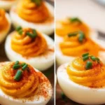 Delicious spicy pumpkin deviled eggs garnished with herbs.