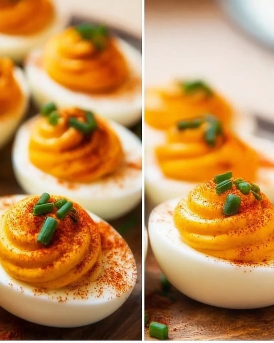 Spicy Pumpkin Deviled Eggs 2 Delicious spicy pumpkin deviled eggs garnished with herbs.
