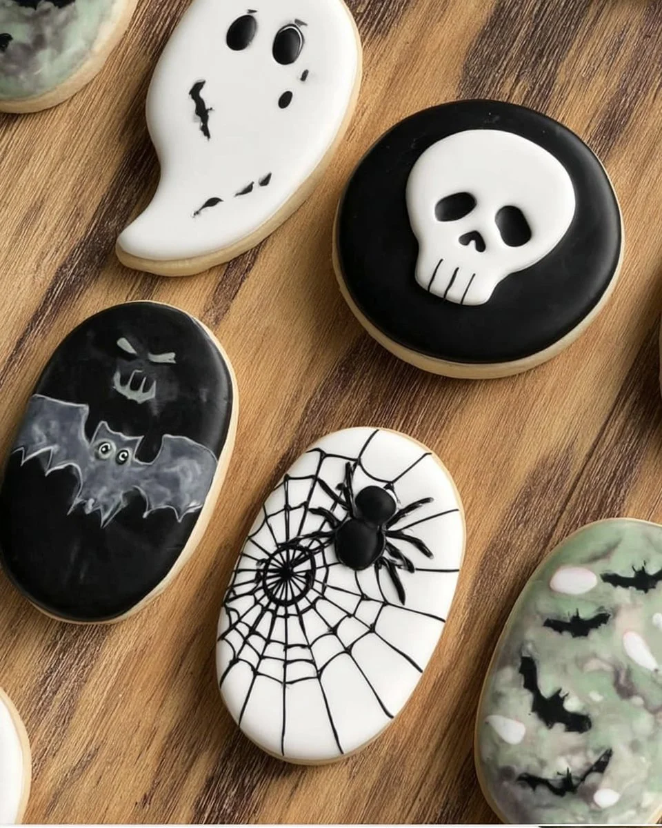 Spooky Sugar Cookies 2 Baked spooky sugar cookies decorated for Halloween