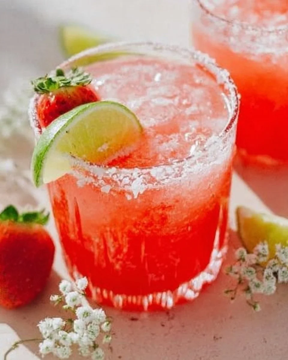 Strawberry Lime Mocktail Margarita 2 Strawberry Lime Mocktail Margarita served in a glass with fresh strawberries and limes