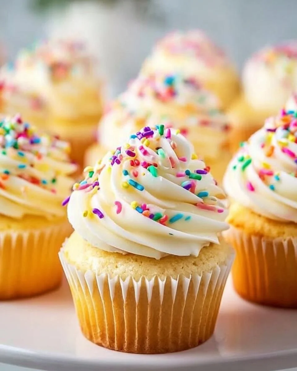 Vanilla Cupcakes 2 Delicious vanilla cupcakes topped with creamy frosting and sprinkles