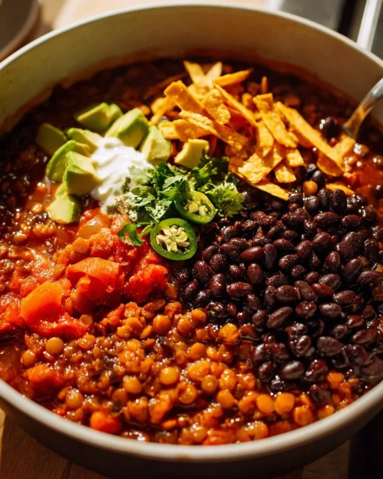 Home 1 Bowl of Vegan Black Bean & Lentil Chili topped with fresh herbs