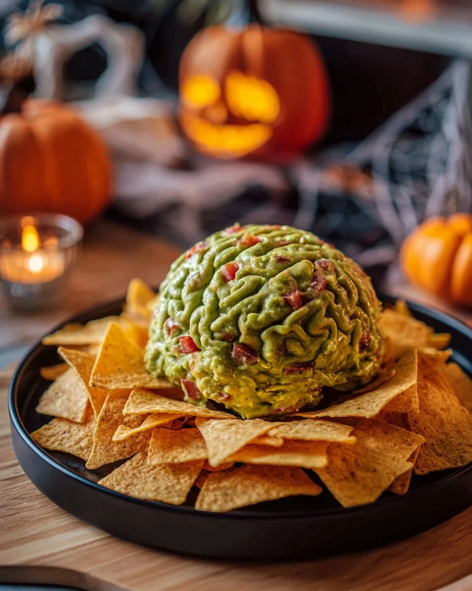 Zombie Brain Guacamole 2 Spooky Zombie Brain Guacamole served in a Halloween-themed bowl.
