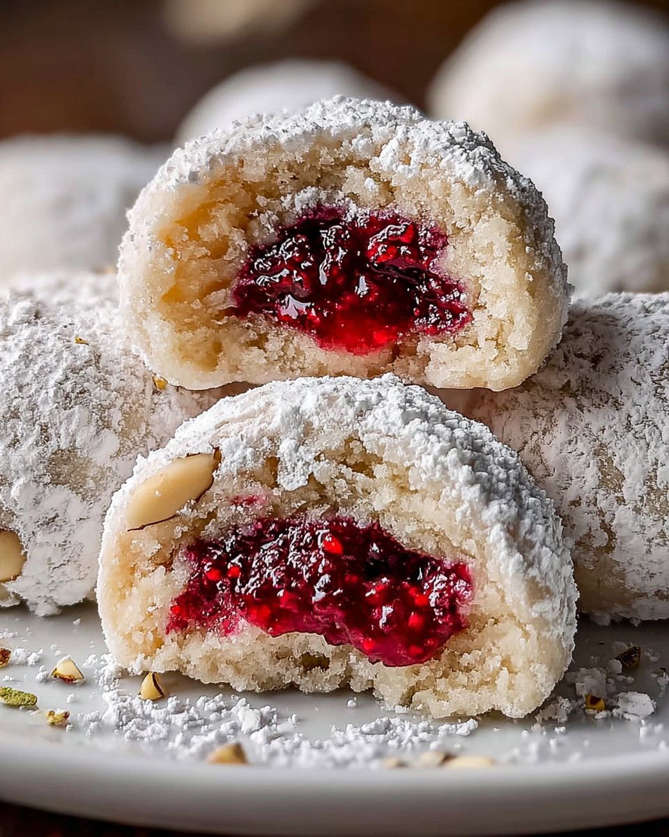 Raspberry Filled Almond Snowball Cookies