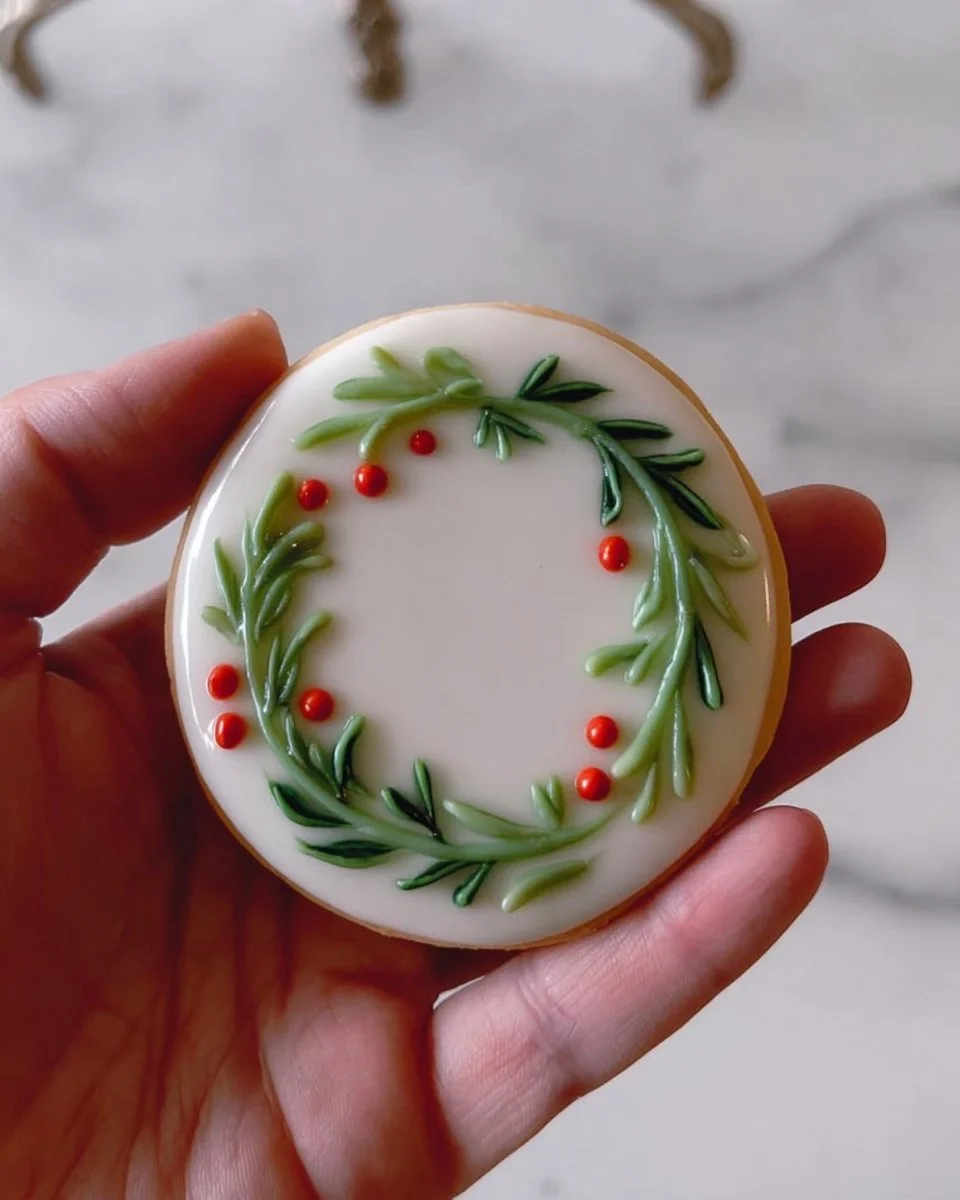 How to Make Cute Wreath Cookies (Easy Royal Icing Design) 3 Cute wreath cookie decorated with royal icing dots and lines