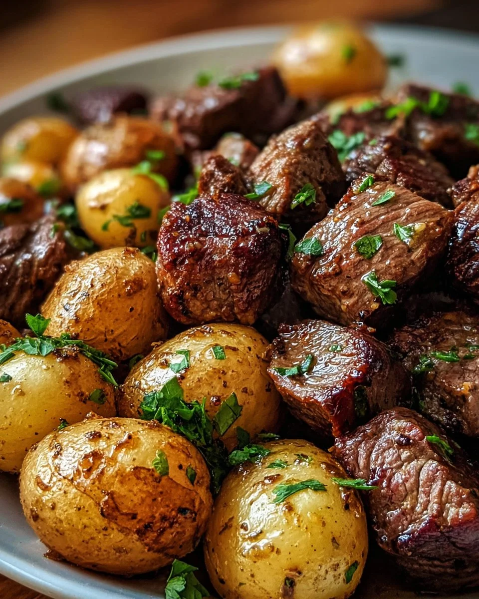 Air Fryer Garlic Butter Steak Bites and Potatoes 3 Air fryer garlic butter steak bites served with crispy potatoes