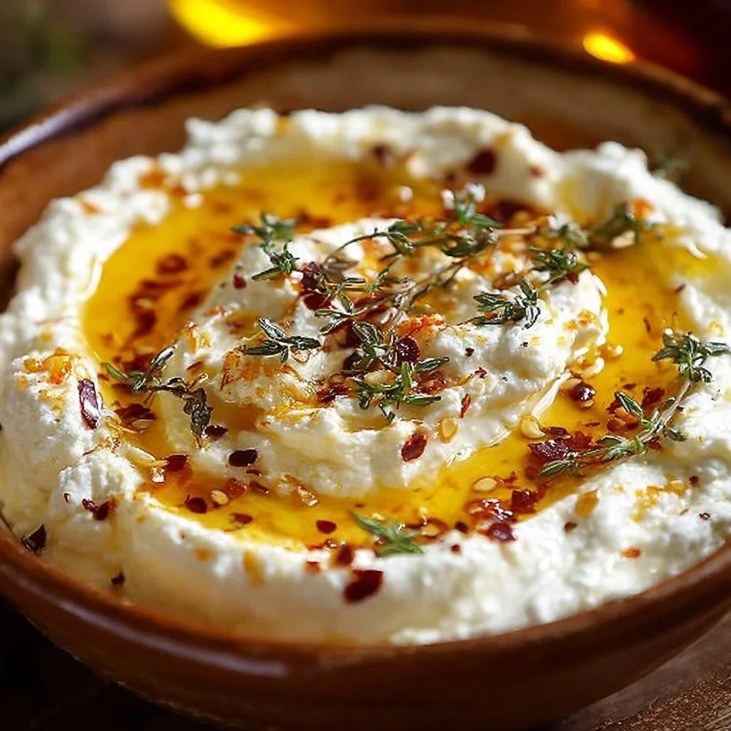 Appetizer Recipes Classy – Spicy Ricotta Dip with Hot Honey 3 Spicy Ricotta Dip with Hot Honey served in a bowl, ideal for classy appetizers