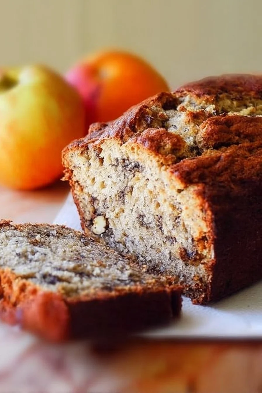 Banana Bread with Walnuts 3 Loaf of banana bread with walnuts on a wooden cutting board.