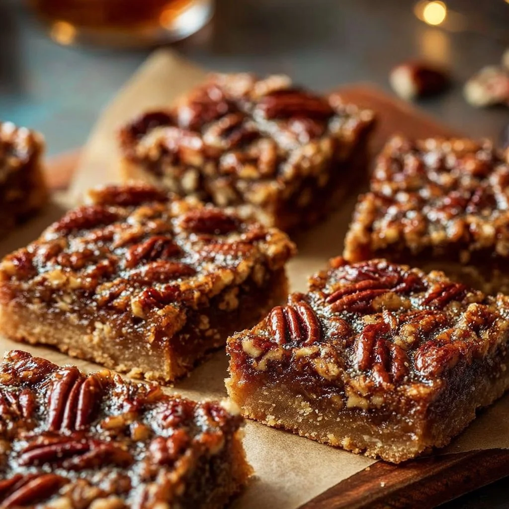 Best Pecan Pie Bars 3 Delicious pecan pie bars topped with pecans and caramel for a sweet treat