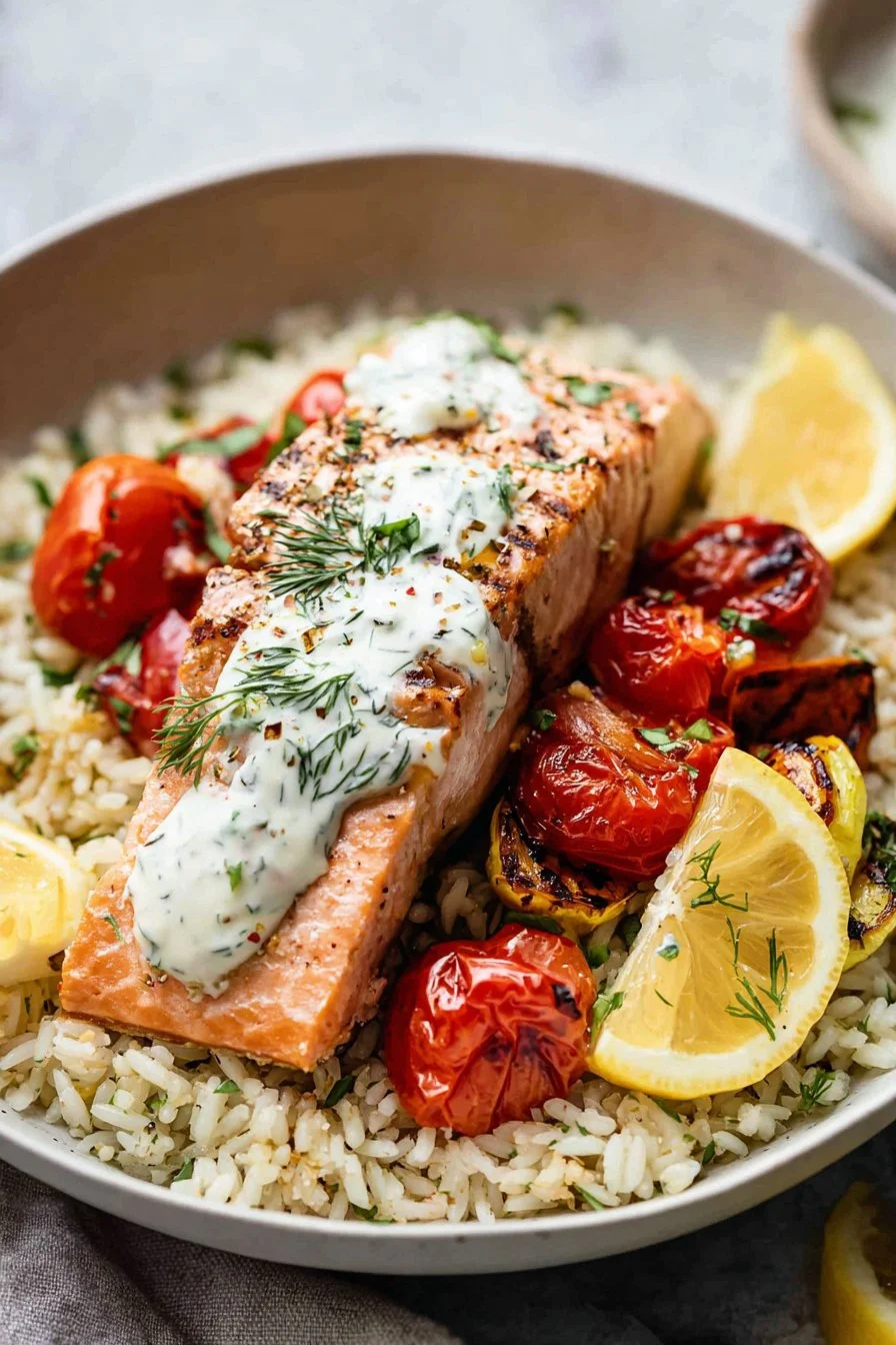 Broiled Sheet Pan Salmon & Summer Vegetables with Capered Lemon Dill Sauce 3 Broiled salmon with summer vegetables and capered lemon dill sauce on a sheet pan